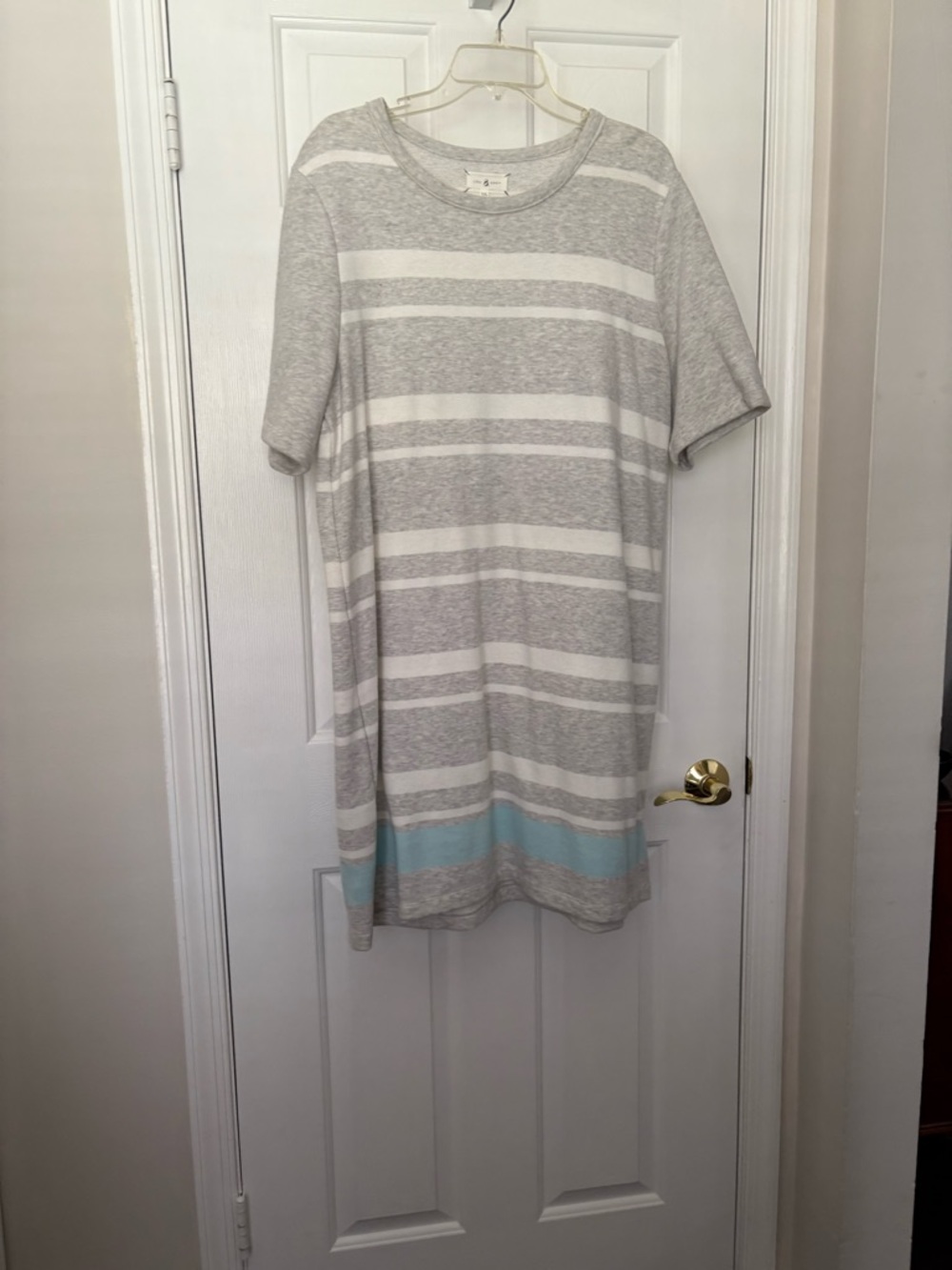 Casual Grey & White Striped Sweater Dress with Light Blue Accent